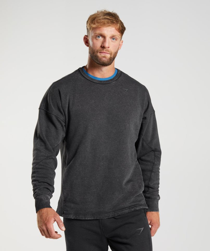 Men's Gymshark Power Washed Crew Sweatshirts Black | CA A381N7